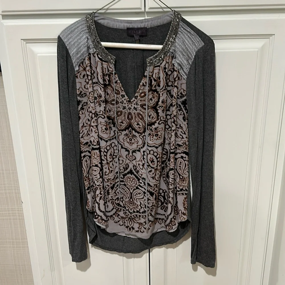Hale Bob Tunic With Metallic & Clear Beading, V Neck with Ties, Small - Picture 1 of 5